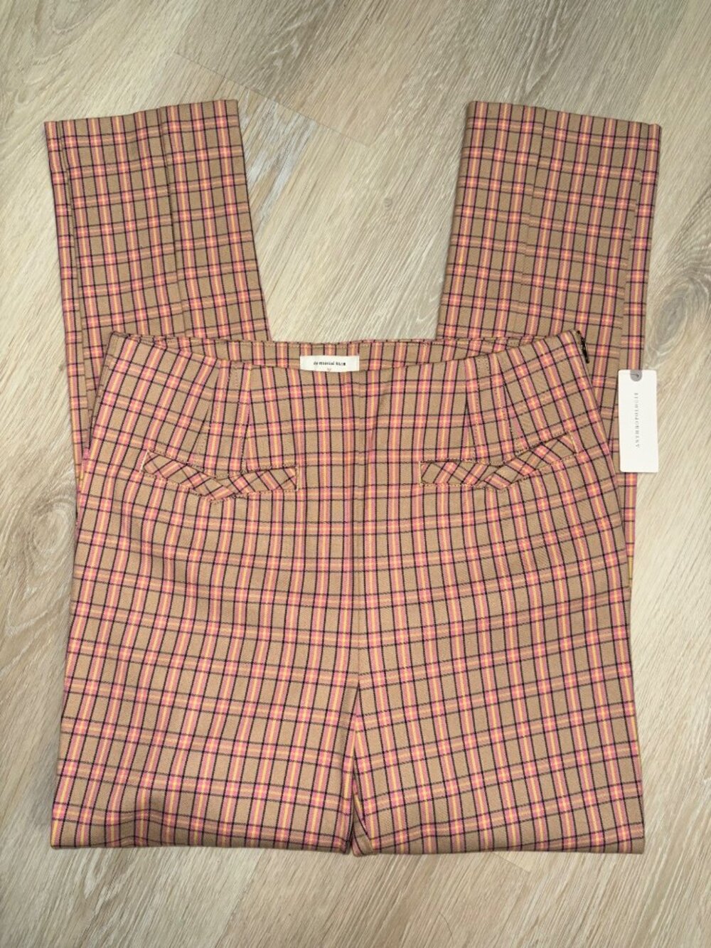 NEW Anthropologie the Essential Slim Pants Pink Plaid High-Rise Stretch 4 Casual